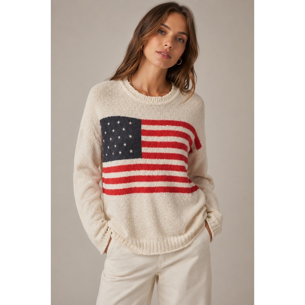 Womens American Flag Knit Sweater Cream Red Blue Stars Stripes Size S